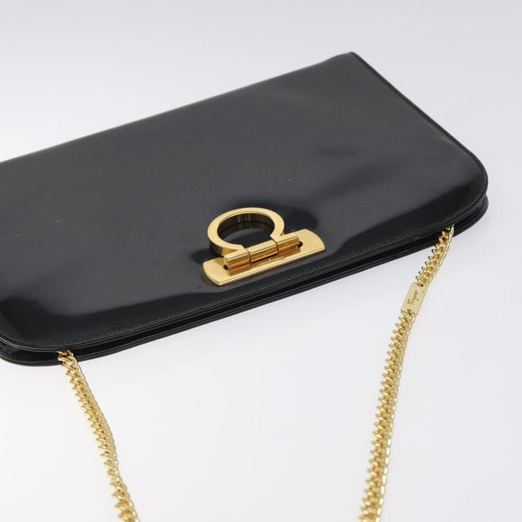 Salvatore Ferragamo Gancini Chain Shoulder Bag Patent Black Gold Auth 128138