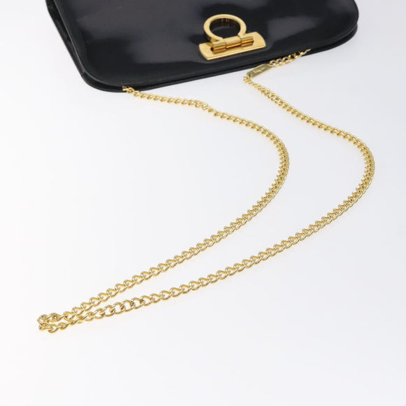 Salvatore Ferragamo Gancini Chain Shoulder Bag Patent Black Gold Auth 128138