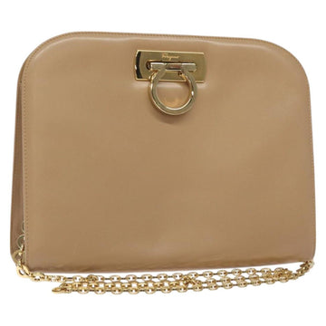 Salvatore Ferragamo Chain Gancini Shoulder Bag Leather Beige Gold Auth 128139
