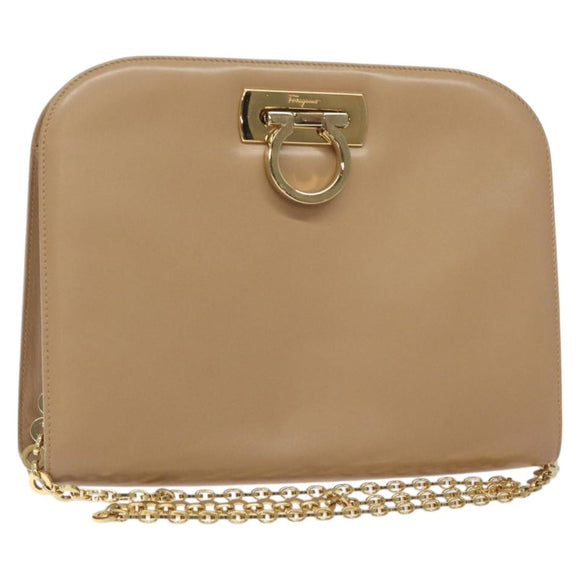 Salvatore Ferragamo Chain Gancini Shoulder Bag Leather Beige Gold Auth 128139