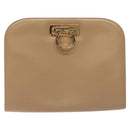 Salvatore Ferragamo Chain Gancini Shoulder Bag Leather Beige Gold Auth 128139-13