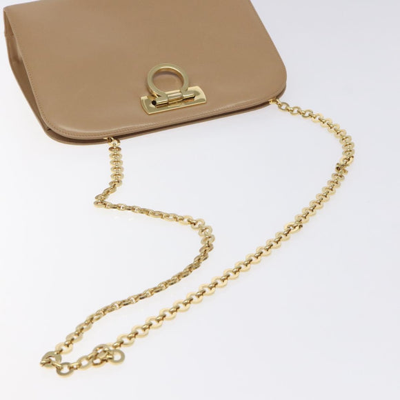 Salvatore Ferragamo Chain Gancini Shoulder Bag Leather Beige Gold Auth 128139