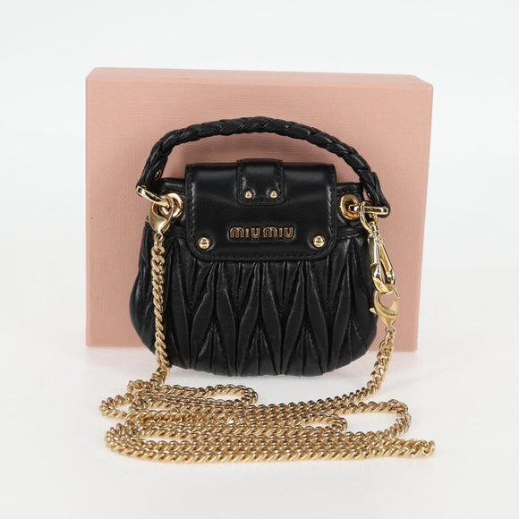 Miu Miu Matelasse Chain Pouch Shoulder Bag Leather Black Gold Auth 128140SM