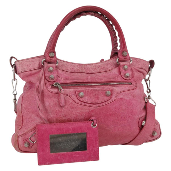 BALENCIAGA City Hand Bag Leather 2way Pink Silver 240578 Auth 128166