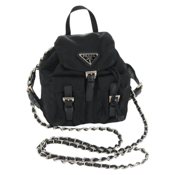 PRADA Chain Shoulder Bag Nylon Black Silver Auth 128179M