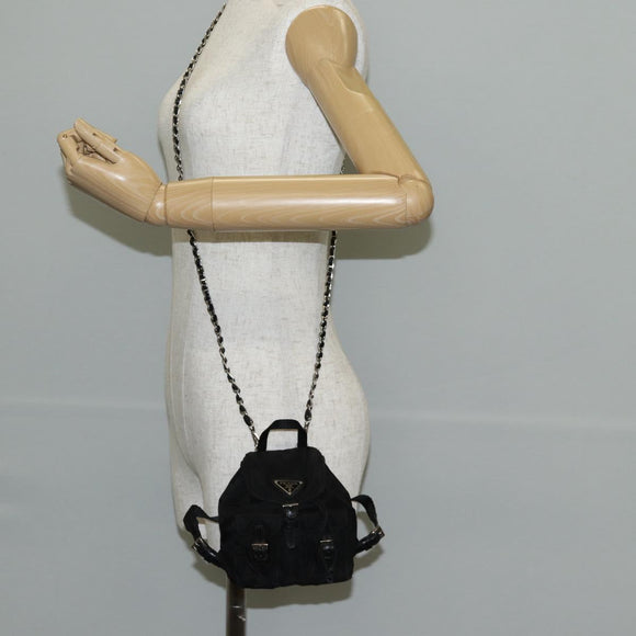 PRADA Chain Shoulder Bag Nylon Black Silver Auth 128179M