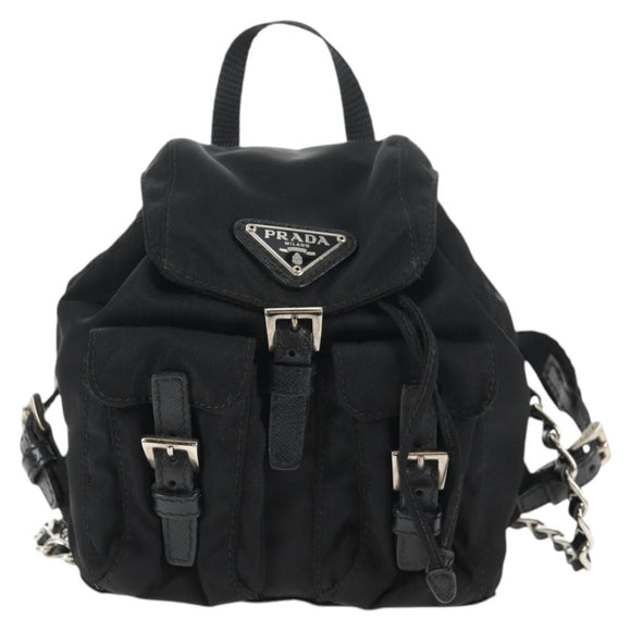 PRADA Chain Shoulder Bag Nylon Black Silver Auth 128179M