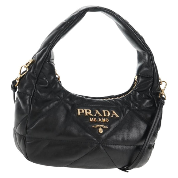 PRADA Hand Bag Leather 2way Black Gold Auth 128189M