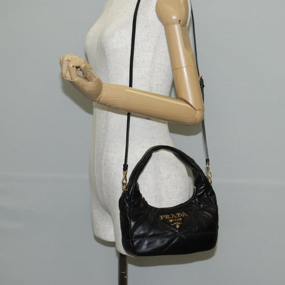 PRADA Hand Bag Leather 2way Black Gold Auth 128189M