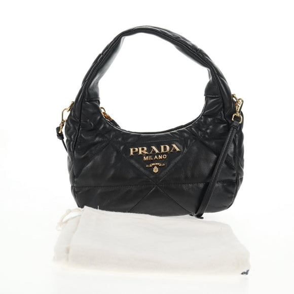 PRADA Hand Bag Leather 2way Black Gold Auth 128189M