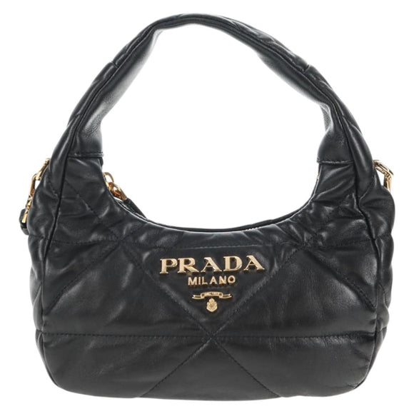 PRADA Hand Bag Leather 2way Black Gold Auth 128189M
