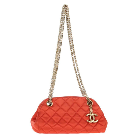 CHANEL Matelasse Chain Shoulder Bag Satin Orange Gold CC Auth 128193M