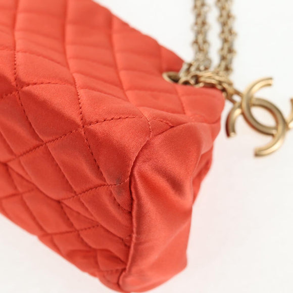 CHANEL Matelasse Chain Shoulder Bag Satin Orange Gold CC Auth 128193M