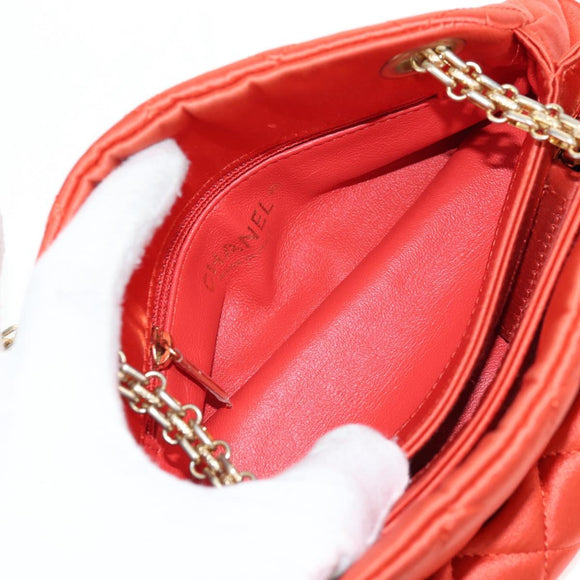 CHANEL Matelasse Chain Shoulder Bag Satin Orange Gold CC Auth 128193M