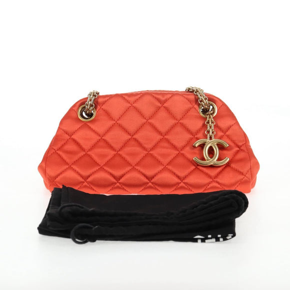 CHANEL Matelasse Chain Shoulder Bag Satin Orange Gold CC Auth 128193M