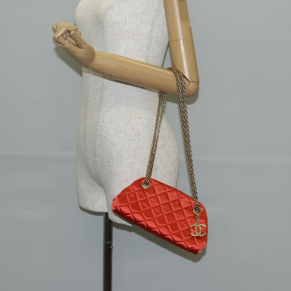 CHANEL Matelasse Chain Shoulder Bag Satin Orange Gold CC Auth 128193M