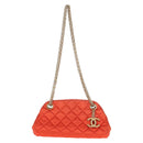 CHANEL Matelasse Chain Shoulder Bag Satin Orange Gold CC Auth 128193M-14