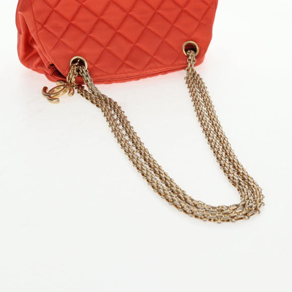 CHANEL Matelasse Chain Shoulder Bag Satin Orange Gold CC Auth 128193M