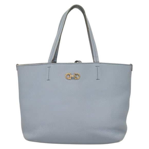 Salvatore Ferragamo Gancini Hand Bag Leather Light Blue Gold Auth 128234