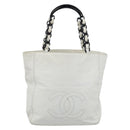 CHANEL Chain Tote Bag Lamb Skin White CC Auth 128237-13