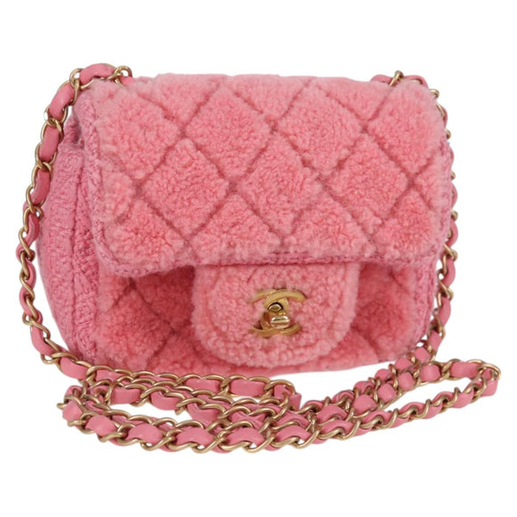 CHANEL Matelasse Chain Shoulder Bag Wool Pink Gold CC Auth 128240M