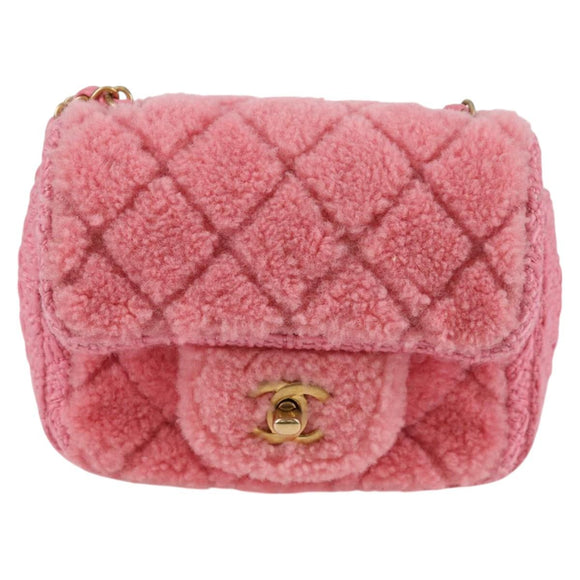 CHANEL Matelasse Chain Shoulder Bag Wool Pink Gold CC Auth 128240SM