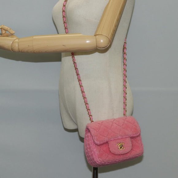 CHANEL Matelasse Chain Shoulder Bag Wool Pink Gold CC Auth 128240SM