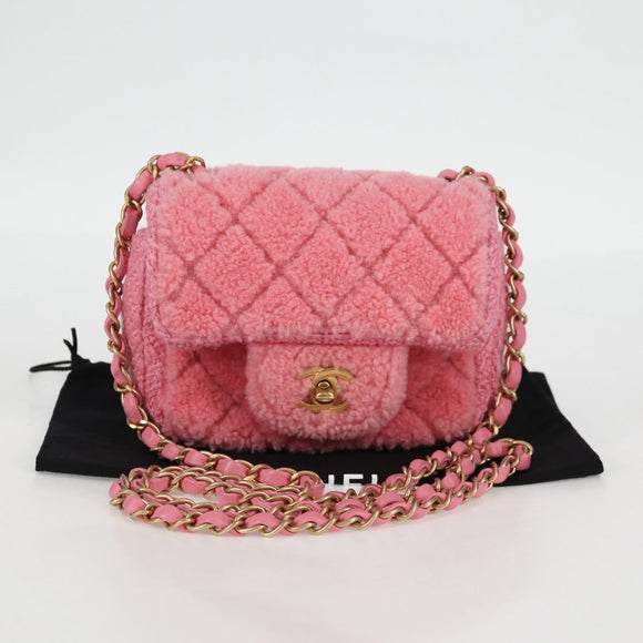 CHANEL Matelasse Chain Shoulder Bag Wool Pink Gold CC Auth 128240SM