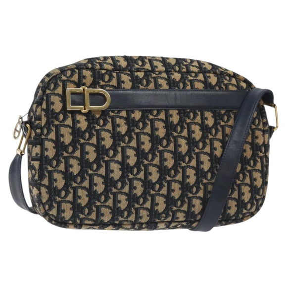 Christian Dior Trotter Canvas Shoulder Bag Navy Gold Auth 128360
