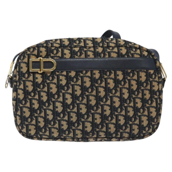 Christian Dior Trotter Canvas Shoulder Bag Navy Gold Auth 128360