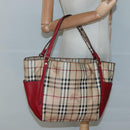 BURBERRY Nova Check Tote Bag PVC Beige Gold Red Auth 128403-20