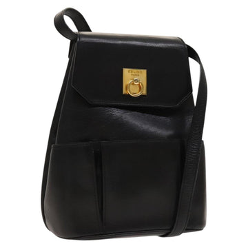 CELINE Shoulder Bag Leather Black Gold Auth 128438