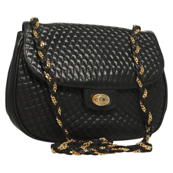 BALLY Chain Shoulder Bag Leather Black Gold Auth 128440
