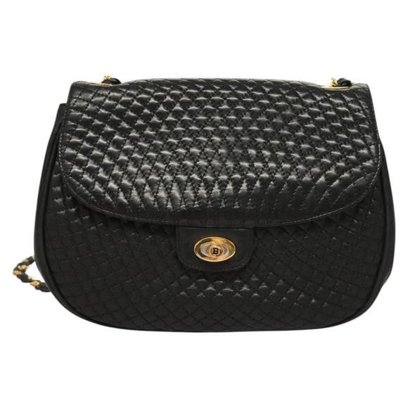 BALLY Chain Shoulder Bag Leather Black Gold Auth 128440