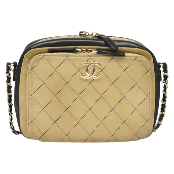 CHANEL Matelasse Chain Shoulder Bag Suede Ivory Gold CC Auth 128451