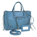 BALENCIAGA The Paper Hand Bag Leather 2way Light Blue Silver 370926 Auth 128459-1