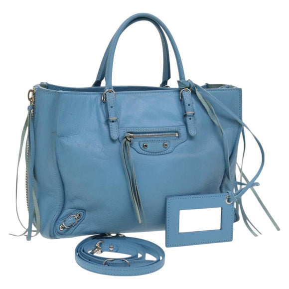 BALENCIAGA The Paper Hand Bag Leather 2way Light Blue Silver 370926 Auth 128459