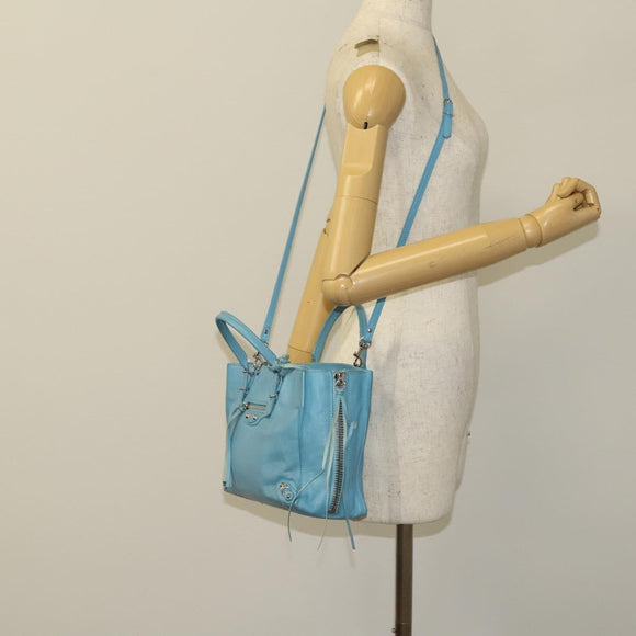 BALENCIAGA The Paper Hand Bag Leather 2way Light Blue Silver 370926 Auth 128459