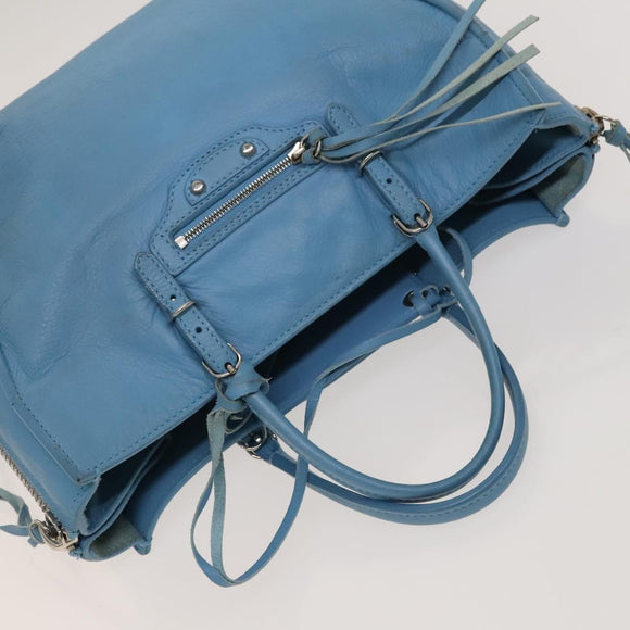 BALENCIAGA The Paper Hand Bag Leather 2way Light Blue Silver 370926 Auth 128459