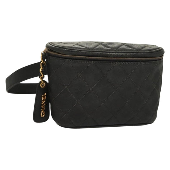 CHANEL Matelasse Waist bag Caviar Skin Black Gold CC Auth 128488