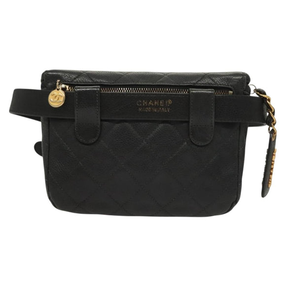 CHANEL Matelasse Waist bag Caviar Skin Black Gold CC Auth 128488