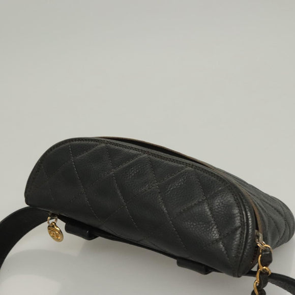 CHANEL Matelasse Waist bag Caviar Skin Black Gold CC Auth 128488
