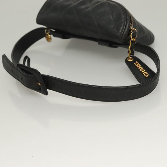 CHANEL Matelasse Waist bag Caviar Skin Black Gold CC Auth 128488