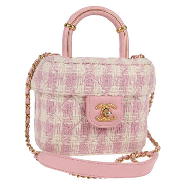 CHANEL Chain Shoulder Bag Tweed Leather 2way Pink Gold CC Auth 128489SM