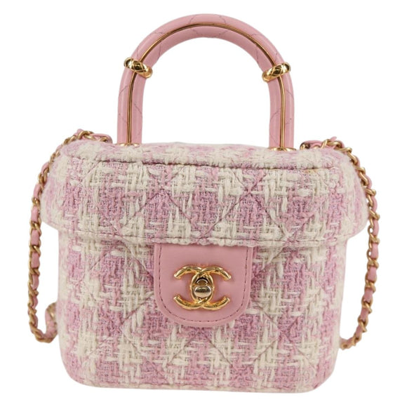 CHANEL Chain Shoulder Bag Tweed Leather 2way Pink Gold CC Auth 128489SM