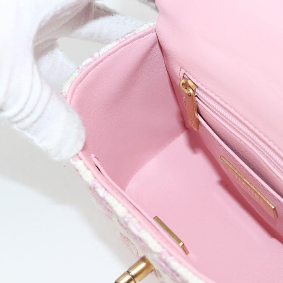 CHANEL Chain Shoulder Bag Tweed Leather 2way Pink Gold CC Auth 128489SM