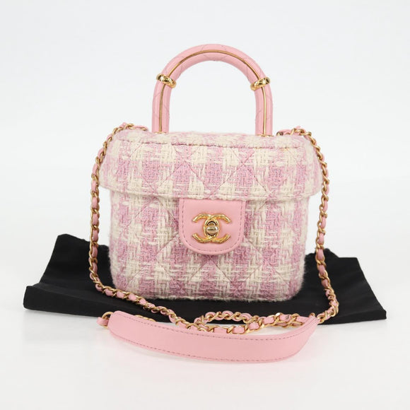 CHANEL Chain Shoulder Bag Tweed Leather 2way Pink Gold CC Auth 128489SM