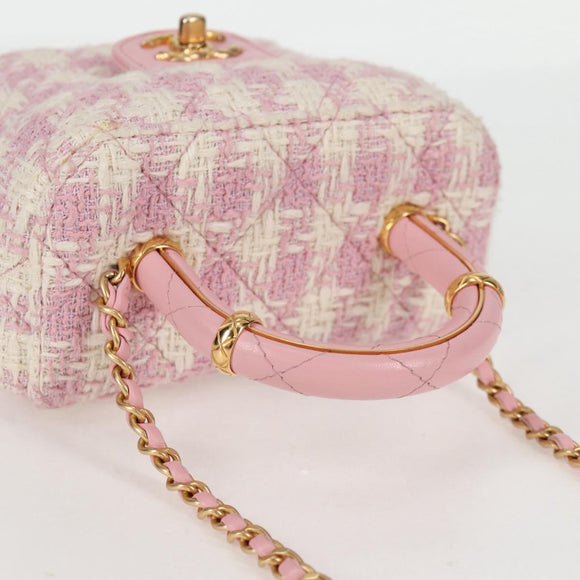 CHANEL Chain Shoulder Bag Tweed Leather 2way Pink Gold CC Auth 128489SM