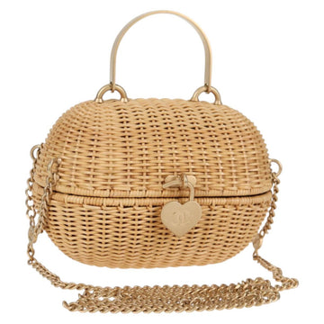 CHANEL Rattan Chain Shoulder Bag Straw Beige Gold CC Auth 128491SV