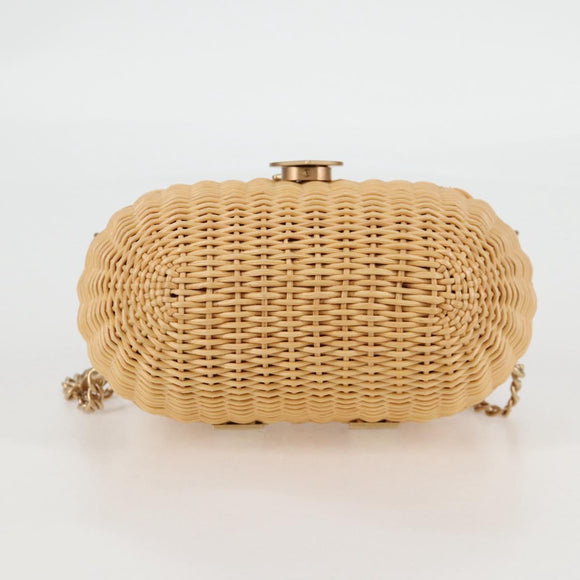 CHANEL Rattan Chain Shoulder Bag Straw Beige Gold CC Auth 128491SV